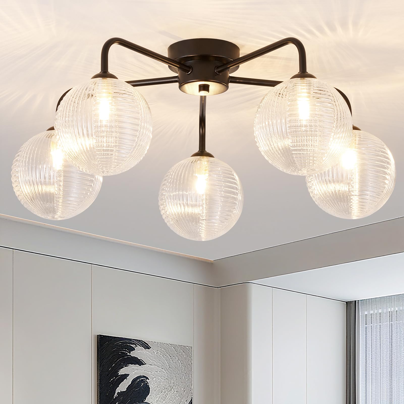 HARPER LIVING 5-Light Modern Ceiling Light, Chandeliers Matt Black Finish with Textured Glass Shades, 5xG9 Bulb Base, 56cm Flush Ceiling Lamps for Living Room Bedroom Kitchen Dining Room