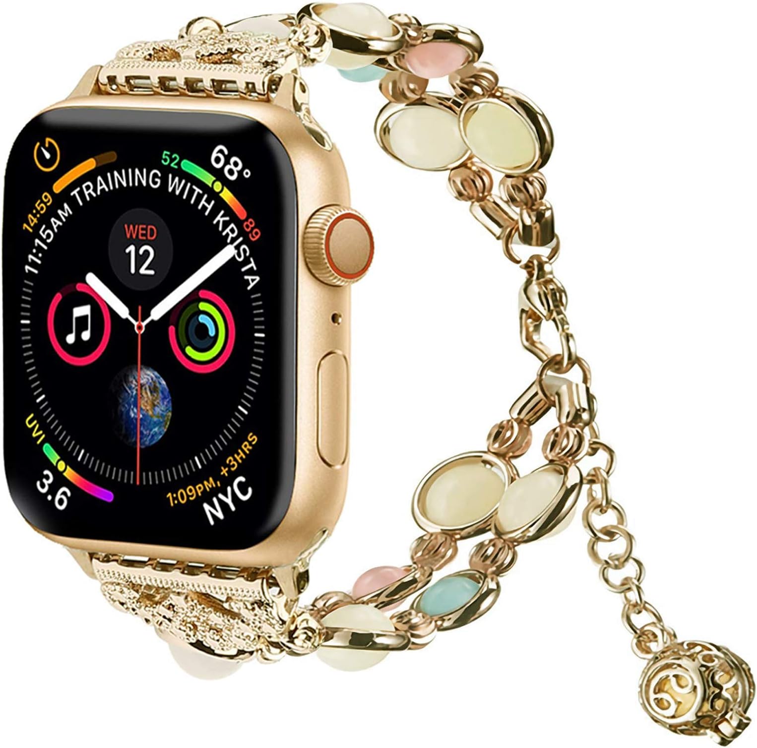 Light Compatible with Apple Watch Band, Elastic Beaded Night Luminous Pearl Beautiful Women Girl Band Strap Compatible with iWatch Series7 6 5 4 3 2 1 SE (Gold, 42mm/44mm(7-9in))