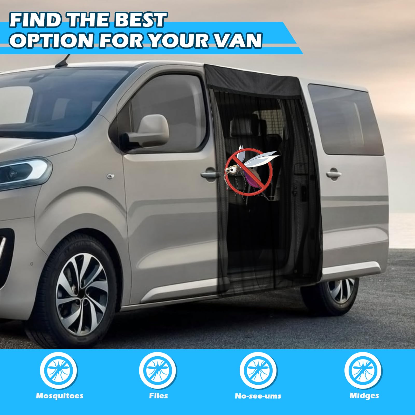 Insektennetz Ersatz für Citroen Jumpy/Toyota ProAce/Peugeot Expert 2016-2025, Auto Seitentür Schiebetür Insektennetz, Einschichtiges Netz Magnetische Moskitonetze Atmungsaktiv Insekten für Camping