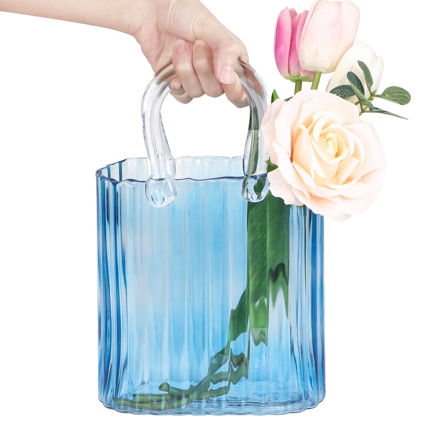 Modern Purse Vase for Flowers,Clear Blue Glass Bag Vases with Vertical Stripes for Home Decors .Elegant Purse Flower Vase for Centerpiece,Floral