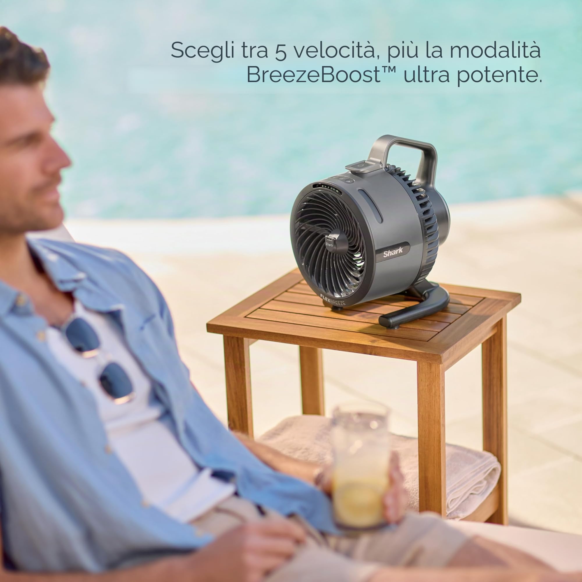 Ventola Shark FlexBreeze HydroGo Pro, potente ventilatore portatile, per interni ed esterni, nebulizzazione evaporativa a secco con filo e cordless, 5 velocità, autonomia prolungata della batteria