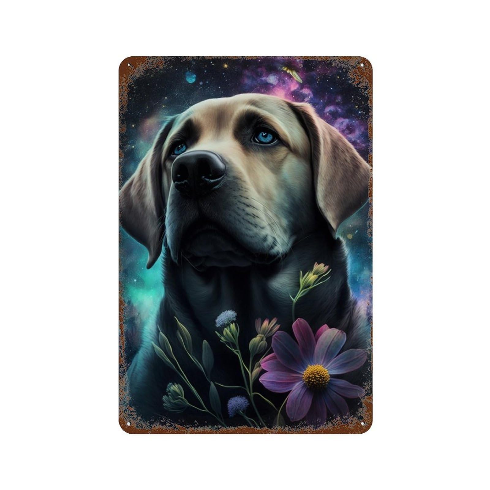 Cosmic Labrador with Flowers Aged Metal Wall Plaque 11.8"x7.9", for Pub, Kitchen And Man Cave Decor, Decorative Metal Wall Art