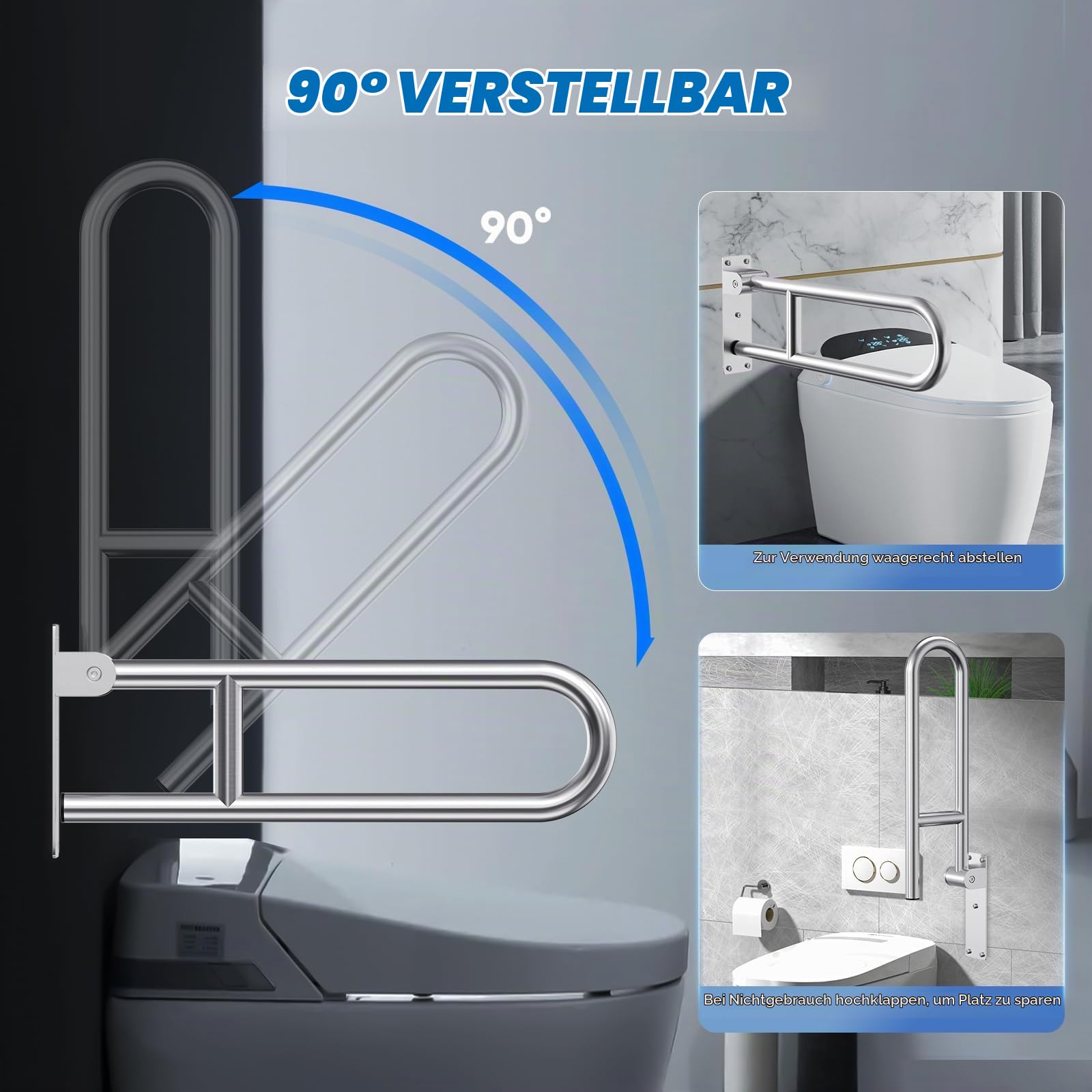 60cm WC Haltegriff Klappbar, Wandstützgriff Klappbar, Edelstahl 304, Tragfähigkeit 150 kg, Haltegriffe für Senioren, Schwangere,Menschen mit eingeschränkter Mobilität