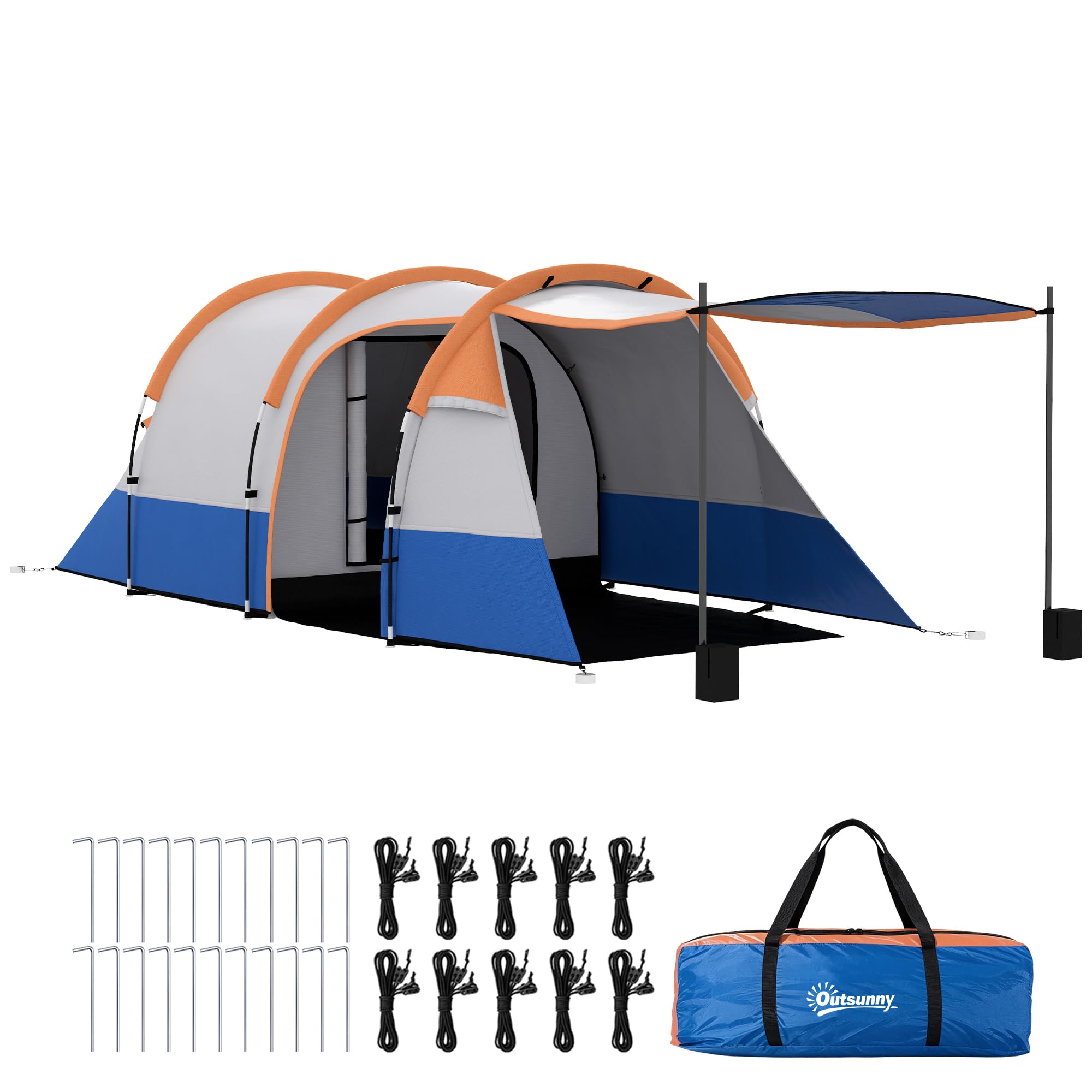 Outsunny 2-3 Man Camping Tent, Tunnel Tent with Bedroom, Living Room and Porch, Sewn-in Groundsheet, Portable with Bag, for Fishing Hiking Festival