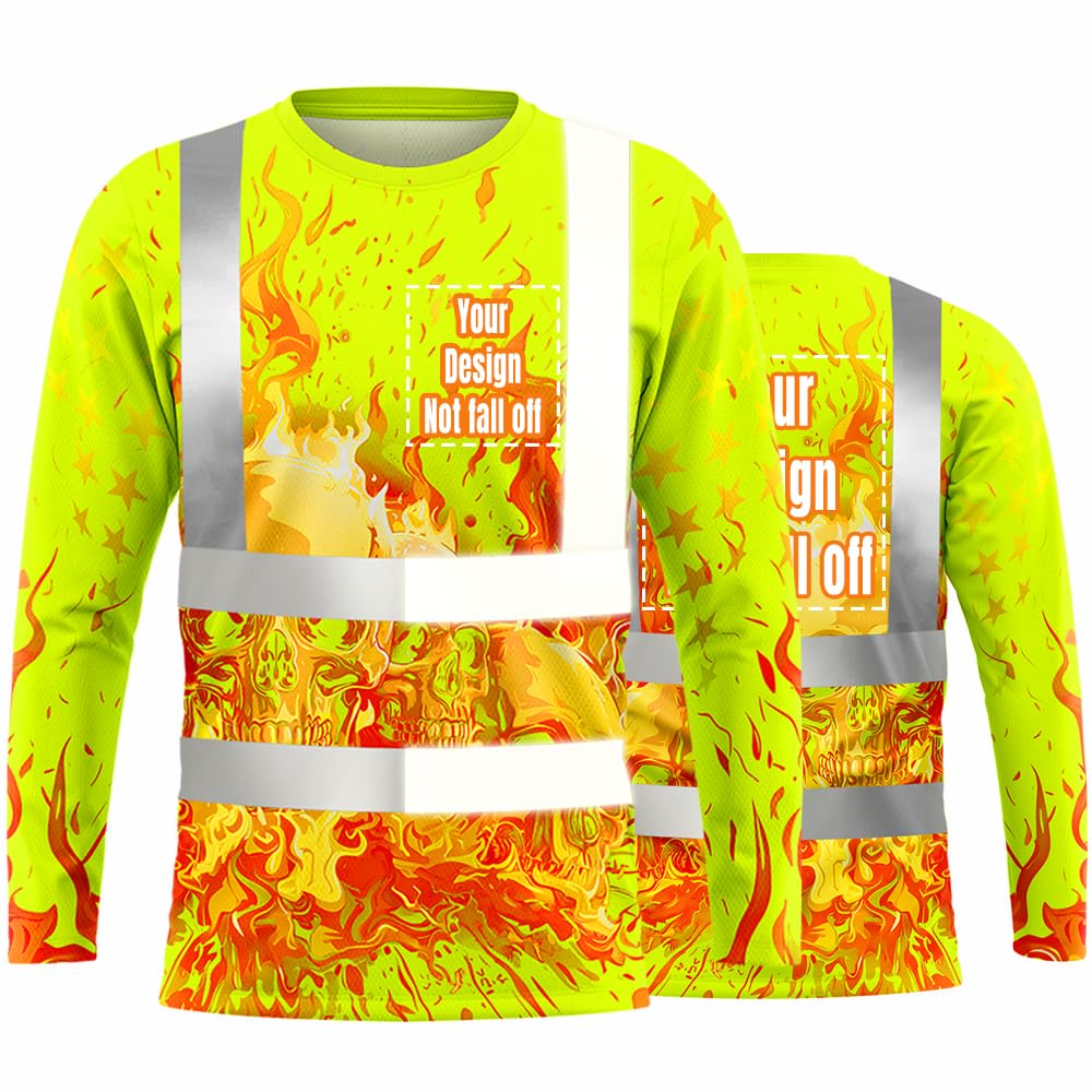 YOWESHOP Hi-Vis Safety T-Shirt Customize Your Design Long Sleeve Workwear with Reflective Strips