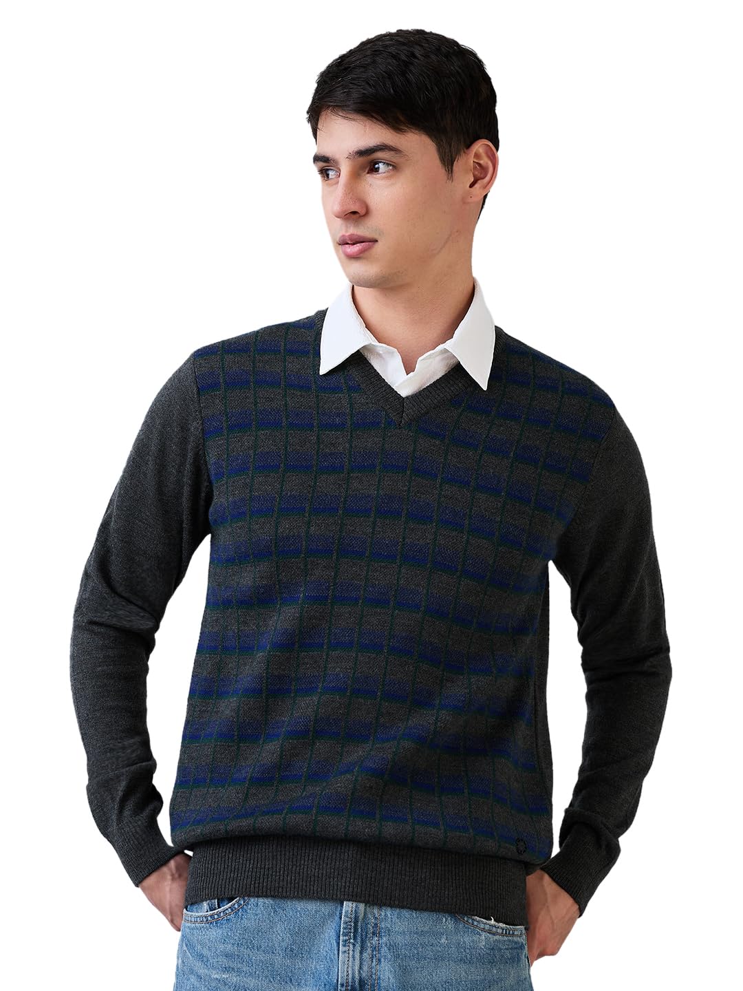 raymond Men Regular Fit Wrapper Pattern Merino Wool Acrylic Blend V Neck Full Sleeve Casual Winter Wear Grey-picture-39