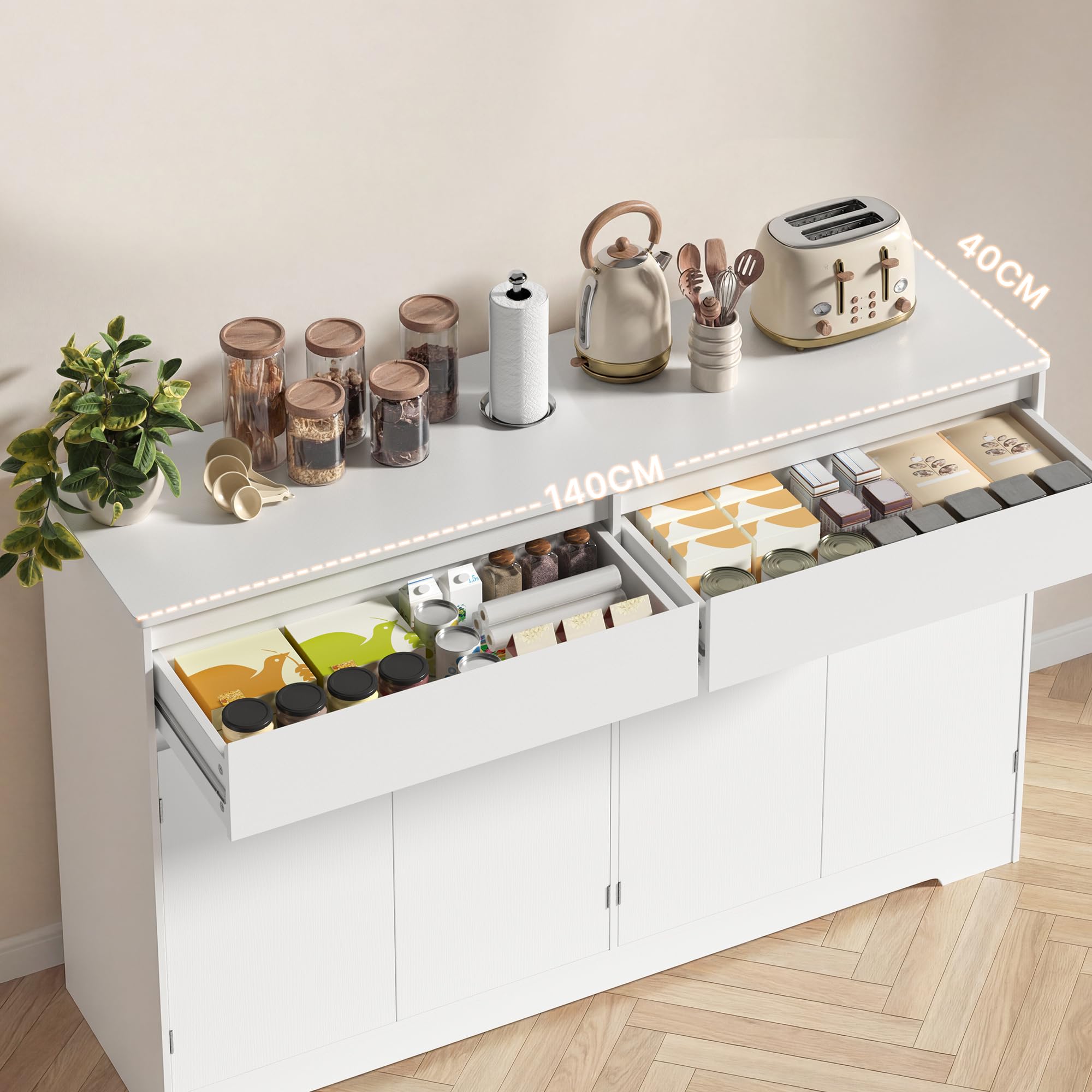 Xbro Buffet Cuisine avec 2 Tiroirs, Buffet à 4 Portes avec Étagère Réglable, Meuble de Rangement Multifonctionnel avec Coins Arrondis et Dispositif Anti-Basculement, pour Cuisine, Salon, Blanc