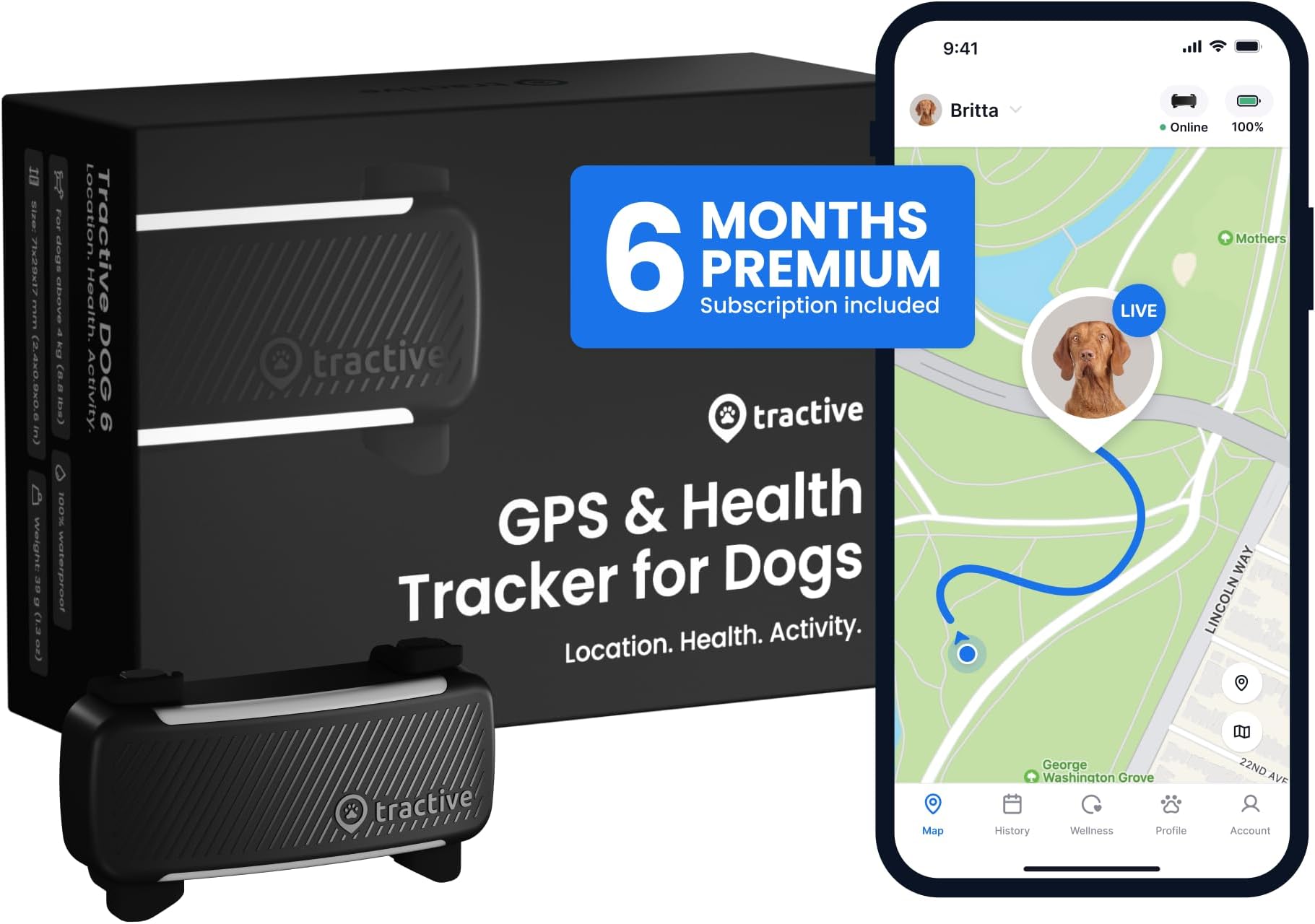 Smart Dog GPS Tracker with 6 Month Subscription | Live Pet Tracker with Virtual Fence | Vital Signs Monitoring of Heart & Respiratory Rate | Bark Monitoring | Dog Collar Attachment (Black)