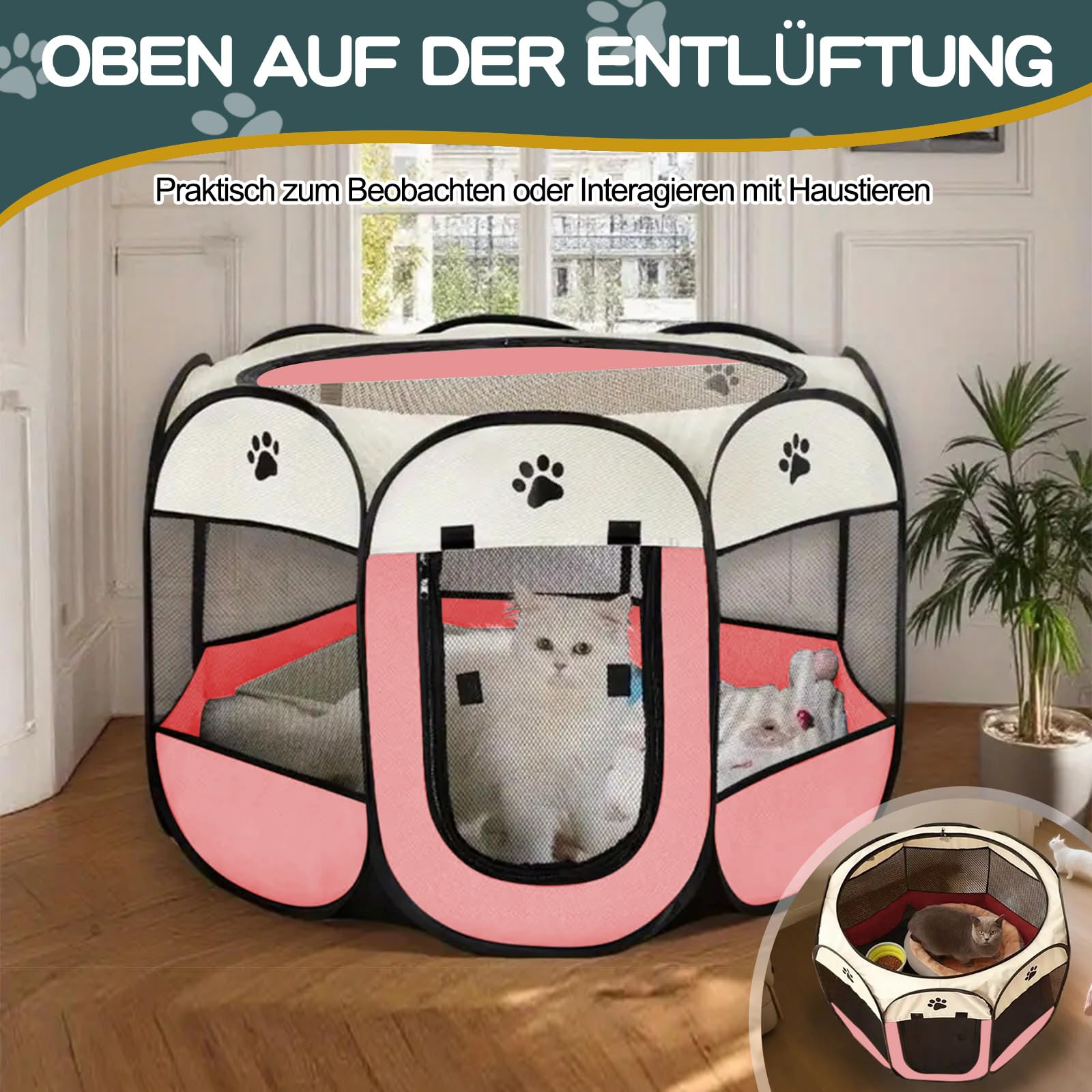 Welpenauslauf Faltbare Hundebox - 74x74x43cm Welpenlaufstall Faltbare hundezelt Katzengehege für Drinnen Outdoor Hundekäfig Kaninchen Laufstall Katze Hund Katzenzelt Kleintiergehege (Rosa)