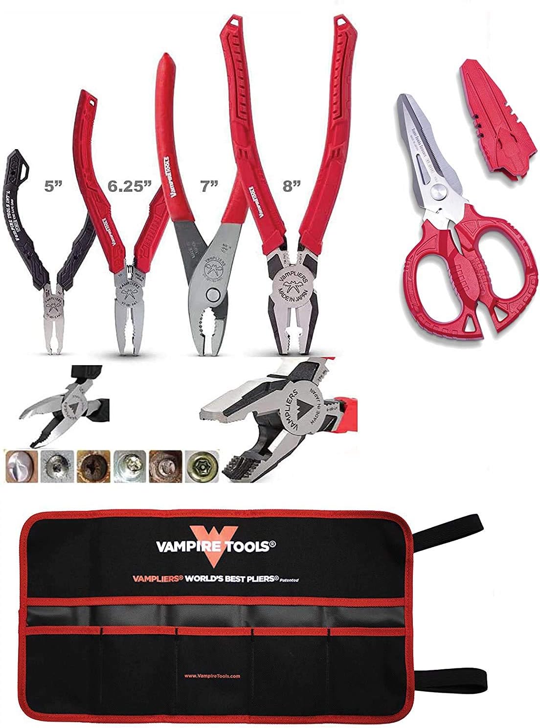Vampliers5-Piece Screw Extractor Pliers Set. Made in Japan: 5" Mini Plier, 6.25" Multipurpose Plier, 7" Slip Joint, 8" Linesman Pliers & Electrician Scissors + Tool Pouch.