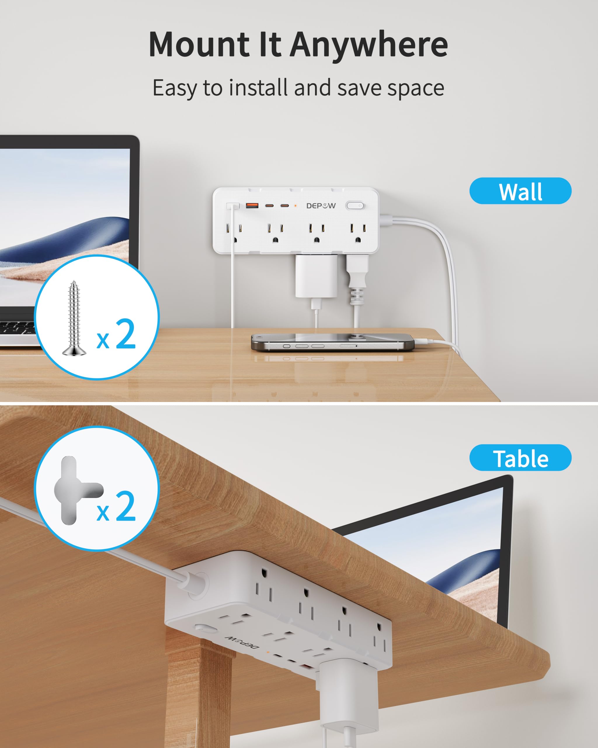 DEPOW - 2-pinowa listwa zasilająca, przedłużacz 5 stóp z wieloma gniazdami, 8 wyjść AC, 4 porty USB (2 USB C), stacja ładująca z wtyczką flagową, ochrona