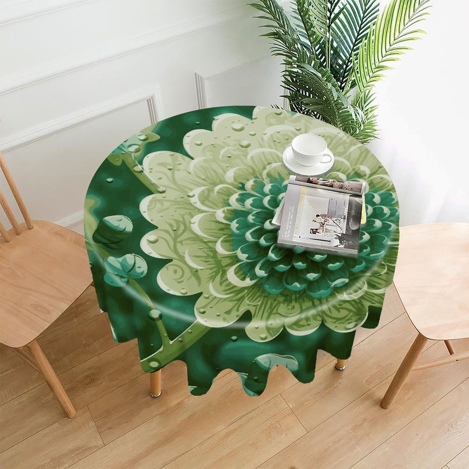 FekiLoot Round Green Flower Tablecloth Decorative Fabric Table Cloth Wrinkle Free Circle Dining Tablecover Washable Polyester Table Cover for Holiday Dinner Party Decor 60"
