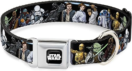Star Wars Collar para mascotas, collar de perro, hebilla de cinturón de seguridad de metal, personajes clásicos de Star Wars Poses de negro, 15 a 24
