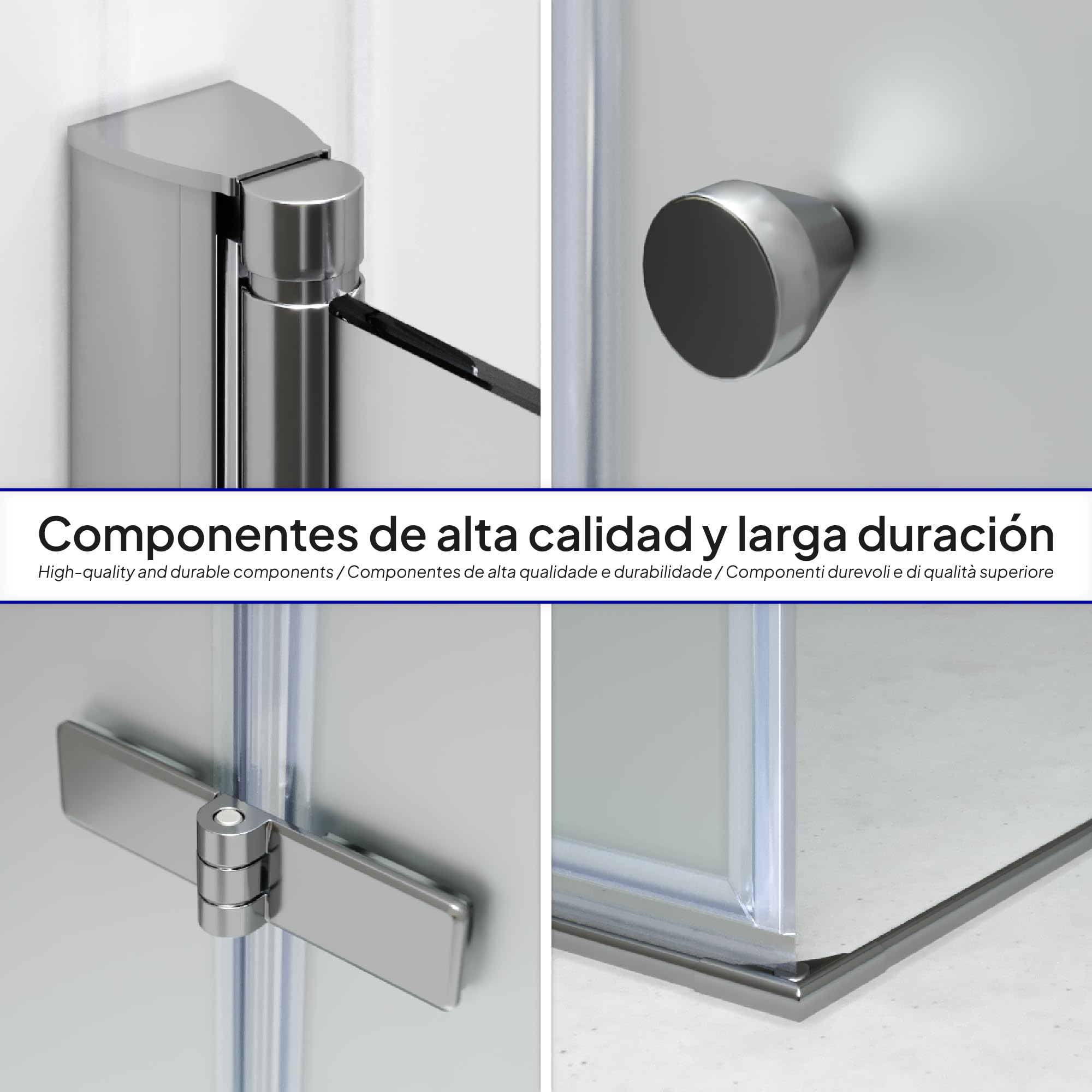 Mampara de Ducha Emma 90x90x190cm, NO REVERSIBLE, Puertas Plegables, Ajuste 88.5-90.5x88.5-90.5cm, Perfiles Cromo, Cristal Templado Satinado 6mm