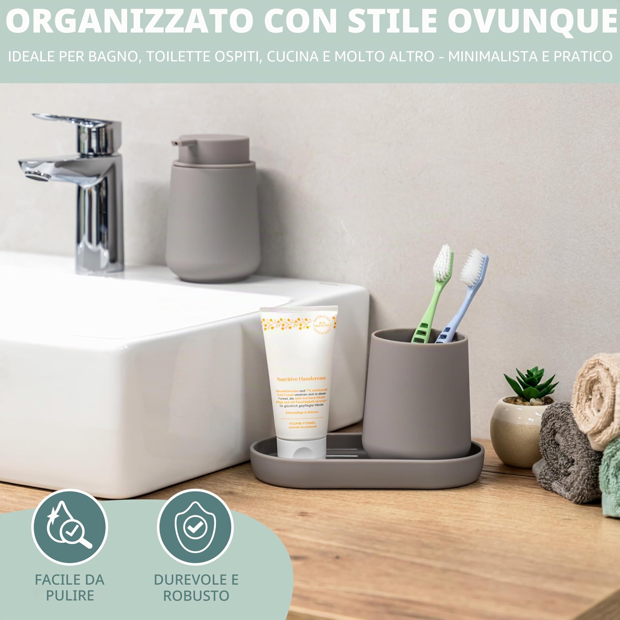 eluno TESERO - Set di accessori da bagno con superficie soft touch, 3 pezzi, composto da 1 dispenser di sapone, 1 tazza e 1 ciotola, ideale per bagno e cucina in plastica (tortora)
