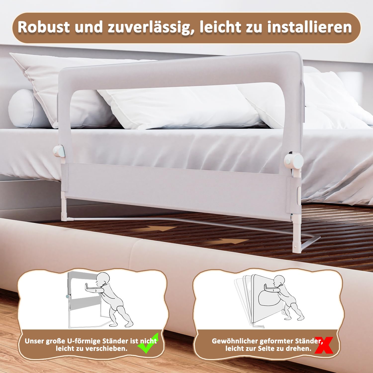 Bettgitter Set 2x200 cm + 1x150 cm, Faltbarer Rausfallschutz, 72-86 cm höhenverstellbar, Bettschutzgitter und Seitenschutz für Kinderbett, Familienbett und Kleinkinder, mit Gurt, Grau