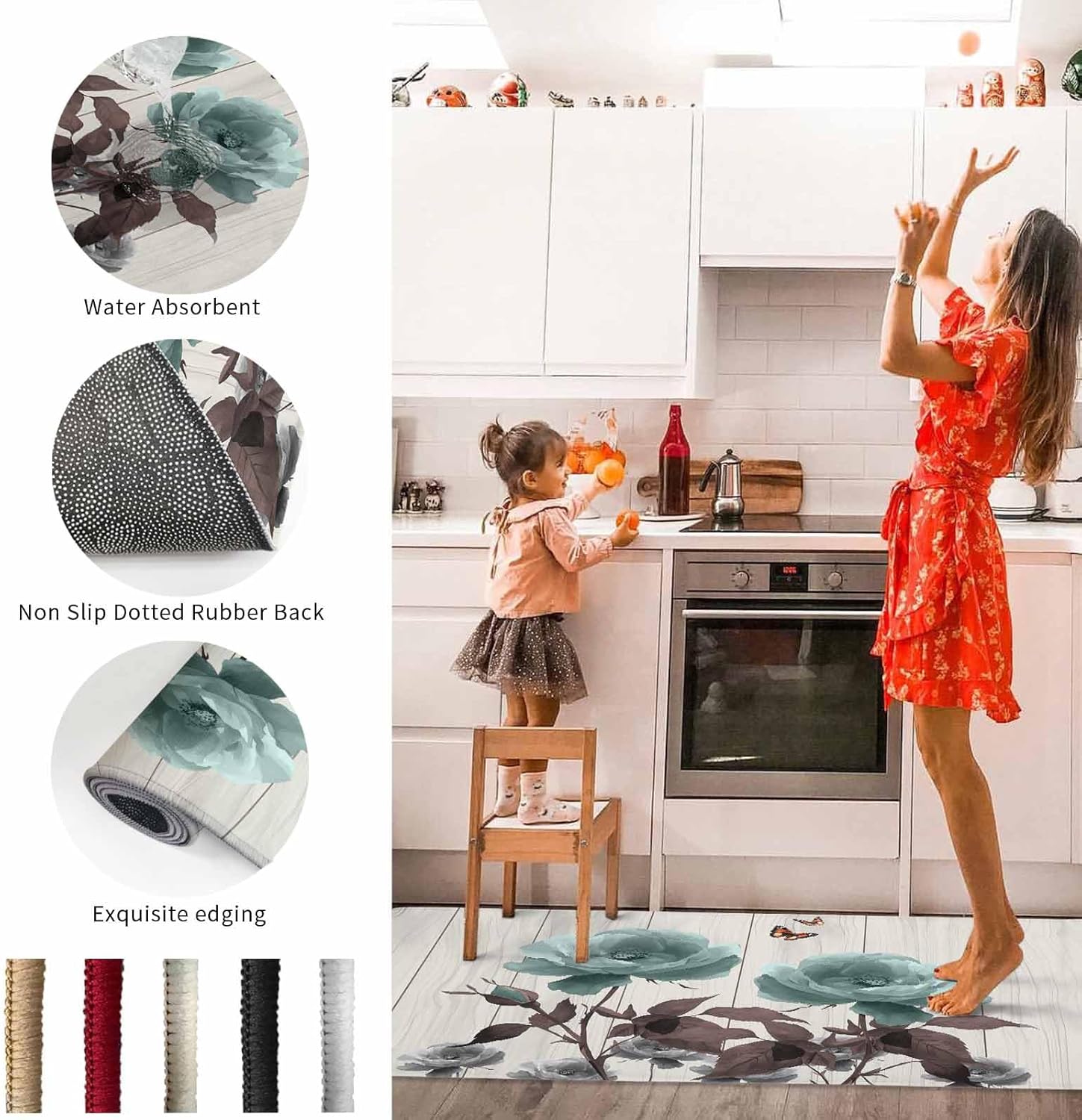 2 Pieces Kitchen Rugs and Mats,Retro Watercolor Flower Leaf Area Runner Rug Set Non Slip Floor Doormat Washable Carpet Standing Mat for Kitchen Sink Indoor Corridor,Rustic White Wood Butterfly