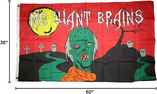 Miniatura 6 de Trade Winds Bandera de zombi de Halloween de 3 x 5 pies para interiores y exteriores, pancarta Me Want Brains Monsters, 3 x 5 pulgadas, resistente a