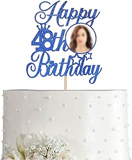 Blue 48 Photo Birthday Cake Topper, Glitter Women Men Happy 48th Birthday Decoration With Photo Frame, Party Photo Props