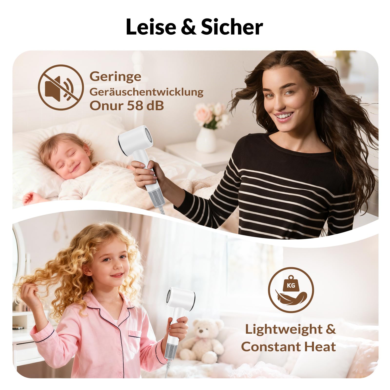 Föhn mit Diffusor, Ionen Reisefön Haartrockner, 1600W mit 110.000 U/min Motor für Leise Schnelles Trocknen, Klein Leicht Fön, mit Stylingdüse, für Damen Herren, Professioneller Salon-Föhn für Zuhause