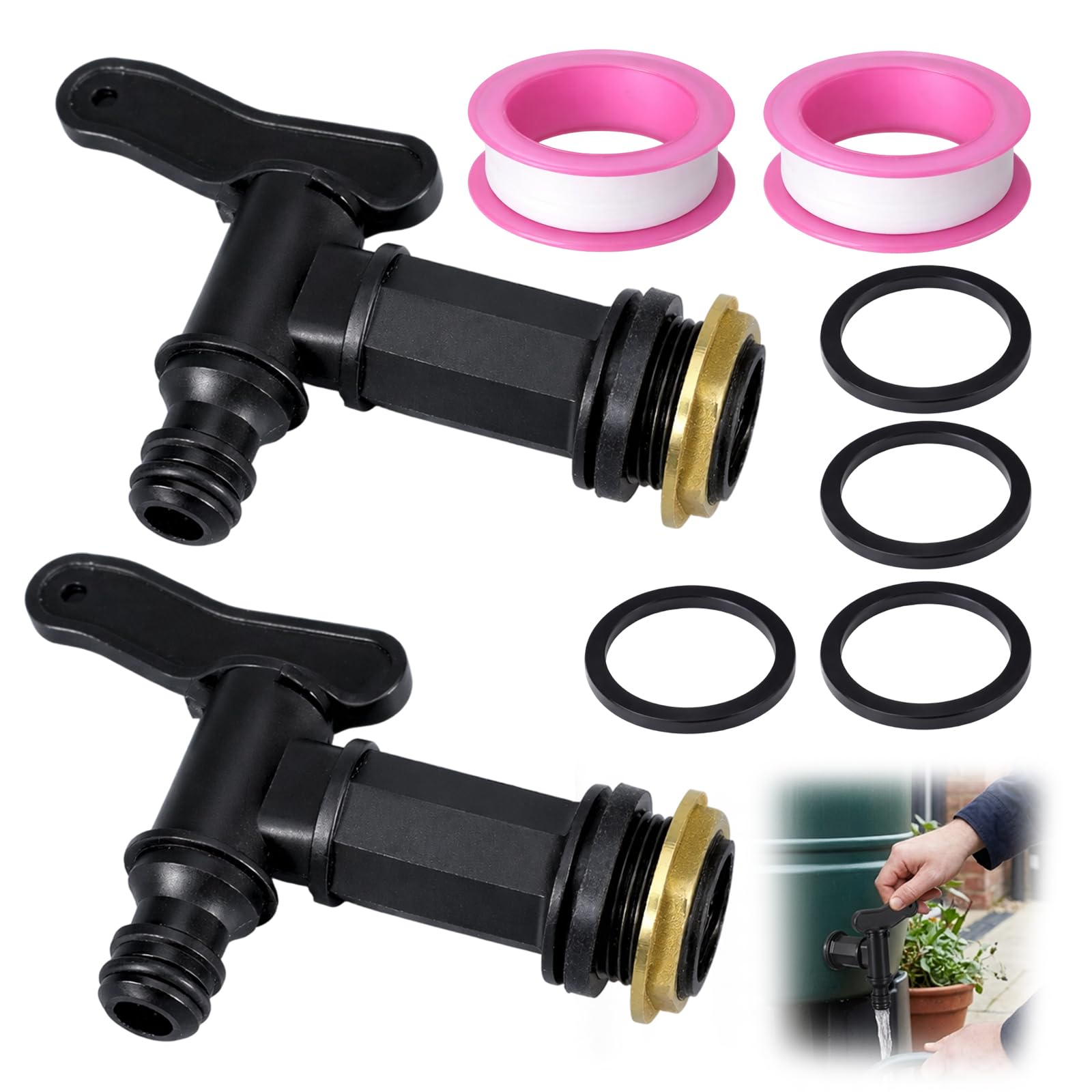 2Pcs 3/4" Water Butt Tap Replacement,Waterbutt Hose Connector for Rainwater Collection, for Garden Water Tap Hose Pipe Rain Barrel Black Plastic Connector Beer Home Brew Push-Fit Water-tap