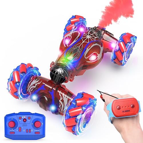 S-pider - Auto de control remoto para niños de 4 a 7 años de edad, auto de acrobacias a control remoto con sensor de gestos con luces de rocío