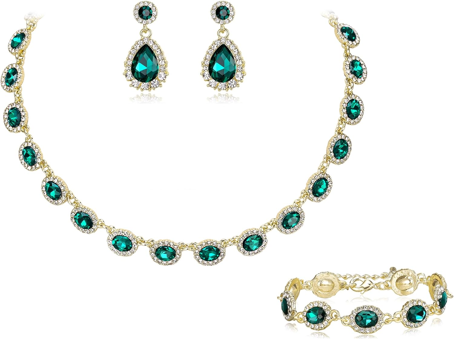 Crysdue Wedding Jewelry Set for Women Brides Oval Rhinestone Crystal Collar Necklace Link Bracelet Teardrop Pierced Dangle Earrings for Prom Party