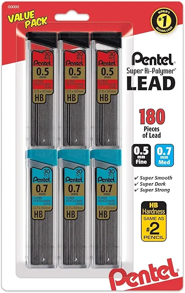 Pentel C257BPHB6 Super Hi-Polymer Lead Refills, 0.5mm, 0.7mm, HB, Black, 30/Tube, 6 Tubes/Pack