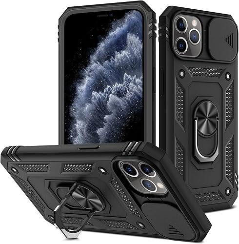 Fetrim Funda para iPhone 11 PRO MAX funda para cámara con soporte de anillo de rotación para Apple iPhone 11 PRO MAX color negro