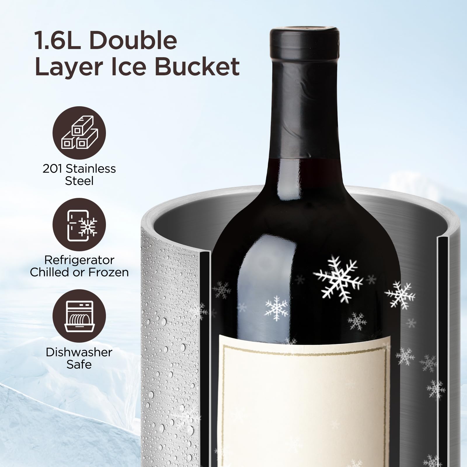 AiQInu 1.6L Refrigeratore per Bottiglie Vino, Refrigeratore per Vino a Doppia Parete in Acciaio Inox, Ø 12 cm, Altezza 19 cm, Adatto Alla Maggior Parte Bottiglie, Ideale per Casa o Viaggio