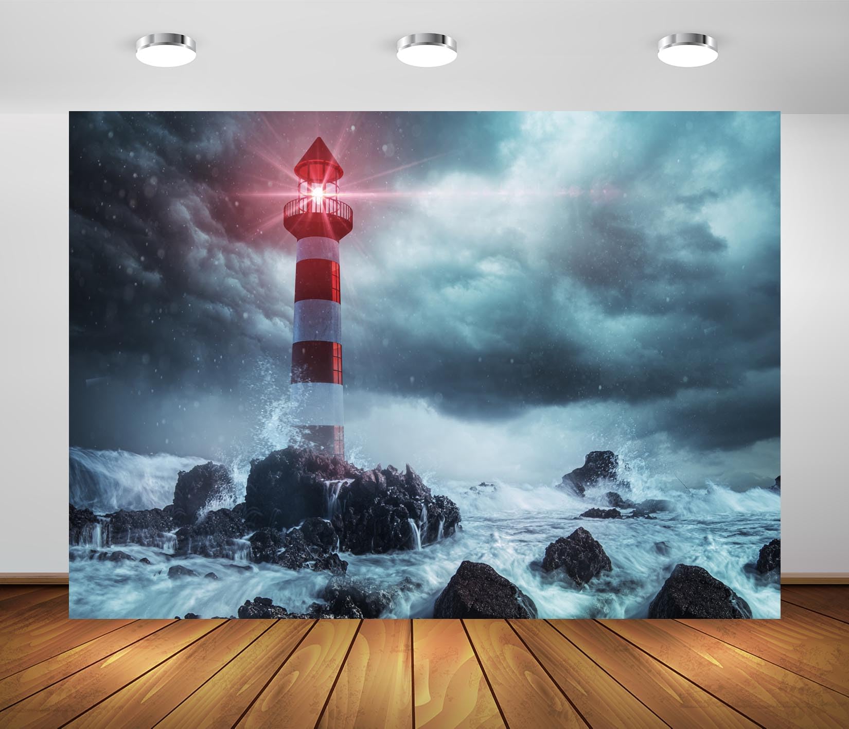 Loccor 7x5ft Fabric Lighthouse Backdrop Dark Cloudy Sky Ocean Storm Seascape Waves Searchlight Lighthouse Background Lighthouse Theme Party