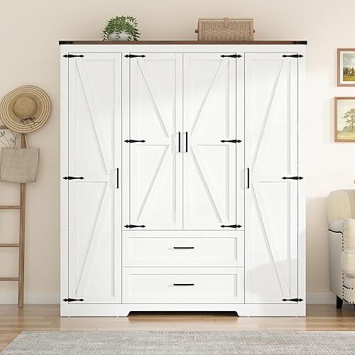 Miniatura 3 de St.Mandyu - Armario de granja con 4 puertas y 2 cajones, gabinete de almacenamiento de madera para ropa de 178 cm, armario de almacenamiento con