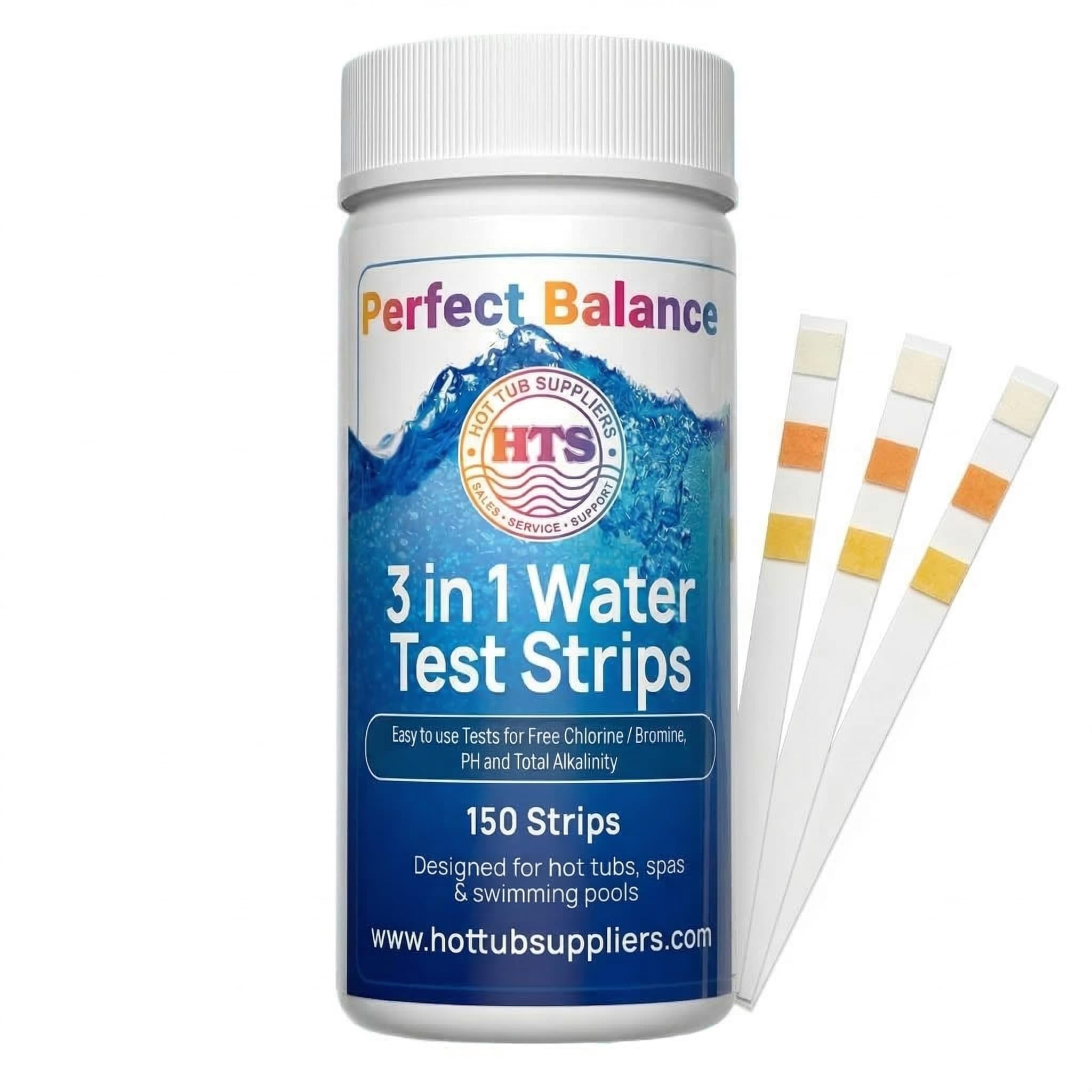 HTS Perfect Balance Hot Tub 3 Way Test Strips, 150 Strips Pool and Spa Test for pH,Total Alkalinity,Free Chlorine and Bromine, Accurate 3 in 1 Pool Water Testing Strips