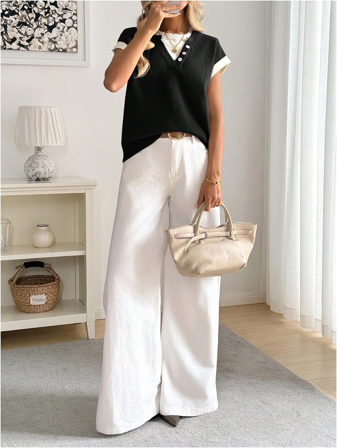 MakeMeChic Women's Summer Short Sleeve Sweater V Neck Ribbed Old Money Pullover Knit Tops