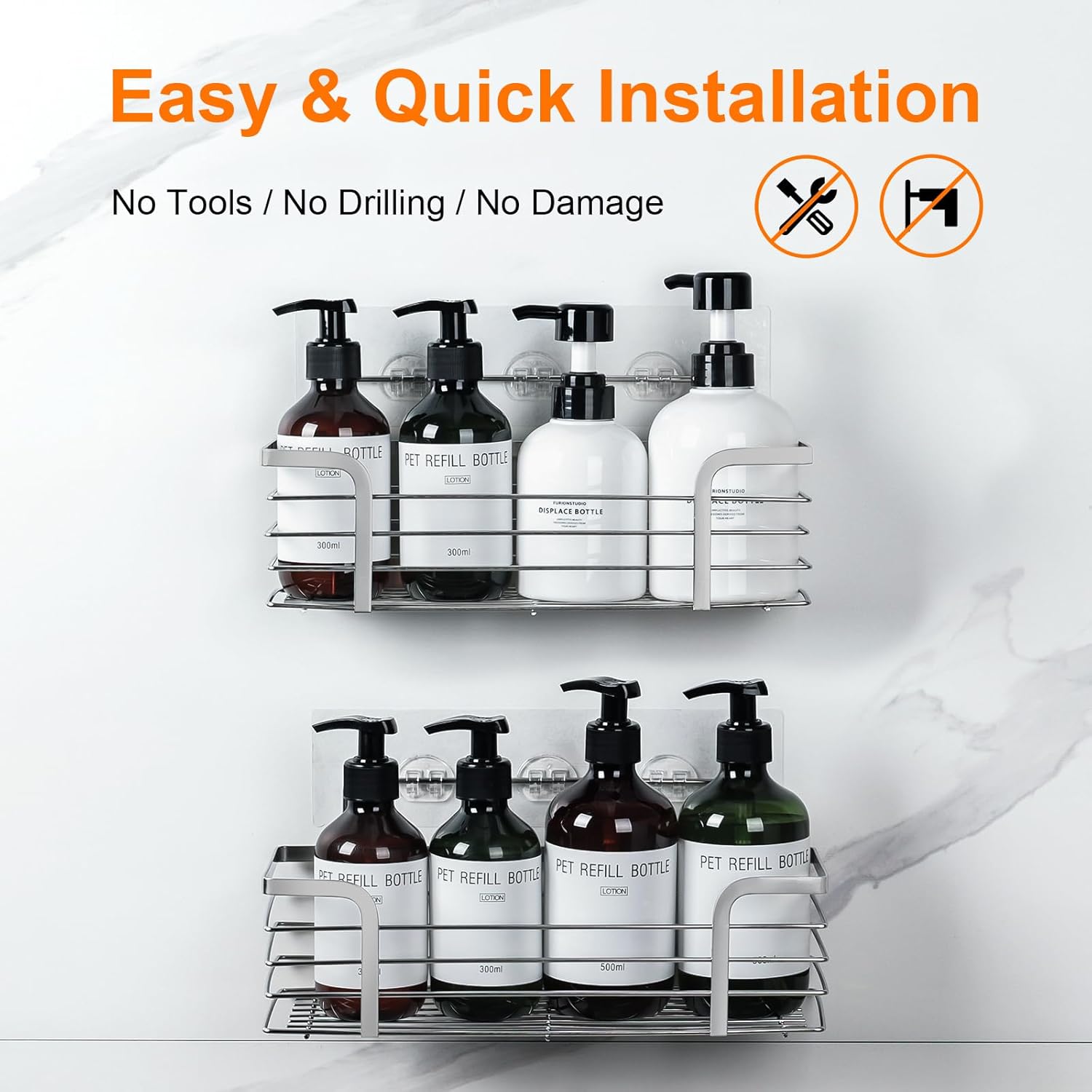 Ibergrif 2 Pack Shower Caddy – Rustproof Adhesive, No Drilling Wall-Mounted Shower Shelf, Large Capacity Durable Stainless Steel, White