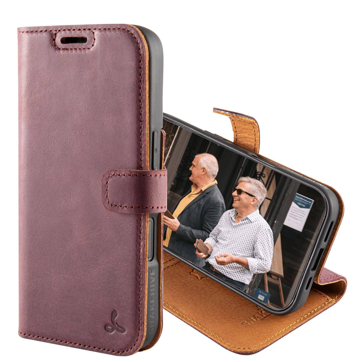 Snakehive Leather Wallet for iPhone 16, Real Leather Wallet Phone Case, Genuine Leather with Viewing Stand and 4 Card Holder