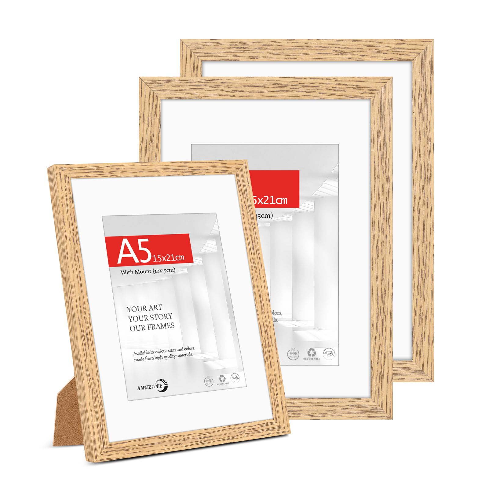 HIMEETIMEĀ® 3x A5(14.8x21cm) Picture Frame Natural Wood.A5 Photo Frame with Mount for 10x15cm āIncludes HD Perspex and Stand for Tabletop or Wall Hanging