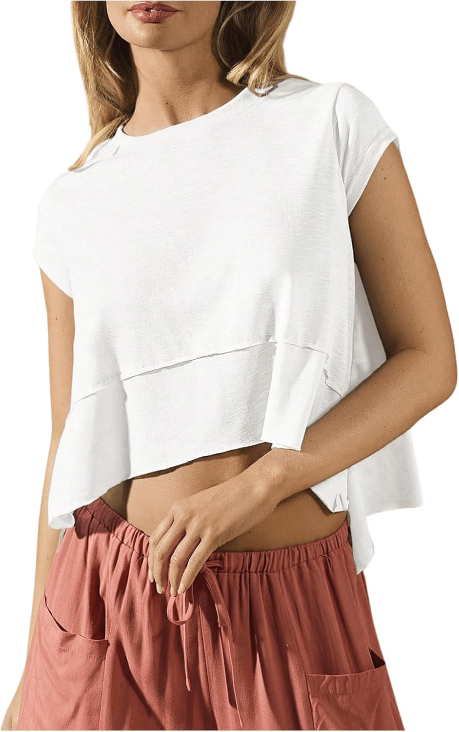 SOLY HUX Women's Athletic T Shirt Cap Sleeve Crewneck Asymmetrical Hem Tee Loose Fit Summer Crop Tops