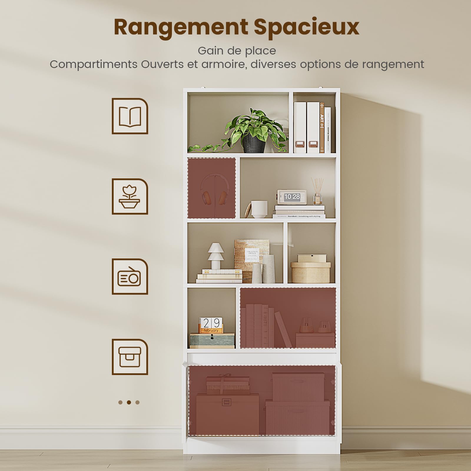 Bibliothèque à 4 Niveaux avec Portes, Présentoir, Meuble de Rangement avec 1 Armoire et 6 Compartiments Ouverts pour Salon, Chambre, Bureau, 24 x 60 x 155 cm, Blanc