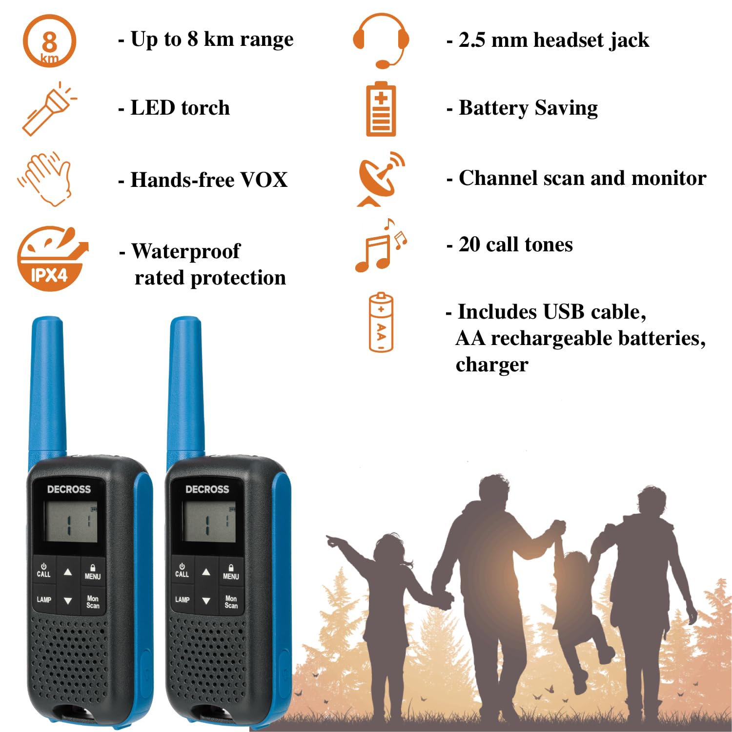 63 Walkie Talkie, 2Set Walki Talki bis zu 8 km, PMR446 16 Kanäle, VOX, Taschenlampe, IPX4, EIN schönes Geschenk, Wanderungen, Camping, Akku (Blau)