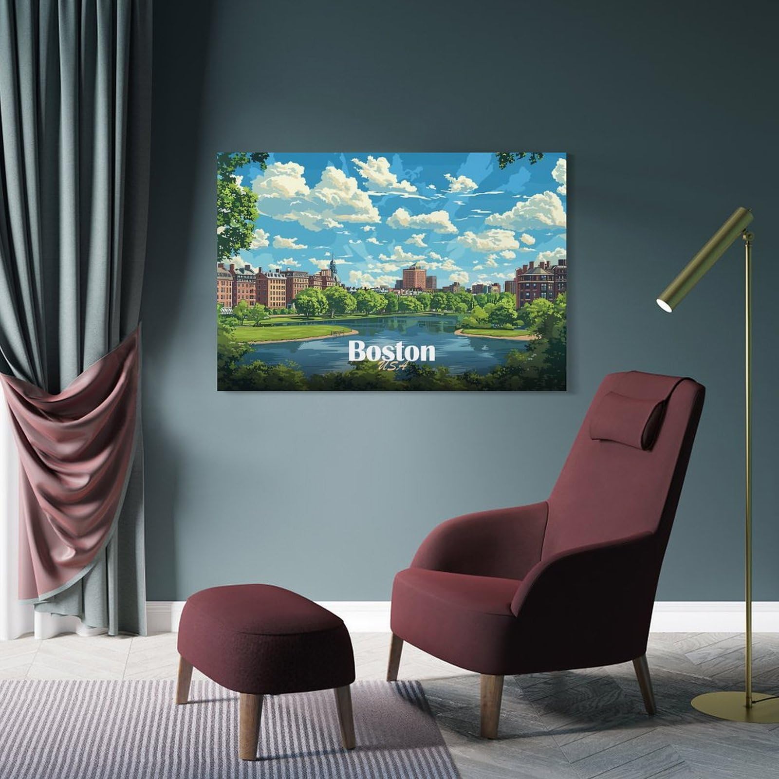 Junmoney Decorative Wall Artwork Boston Skyline with Pond, 24x36inch(60x90cm), for Corridors, Hallways Or Apartment Entries, Wall Decor to Refresh Empty Corners