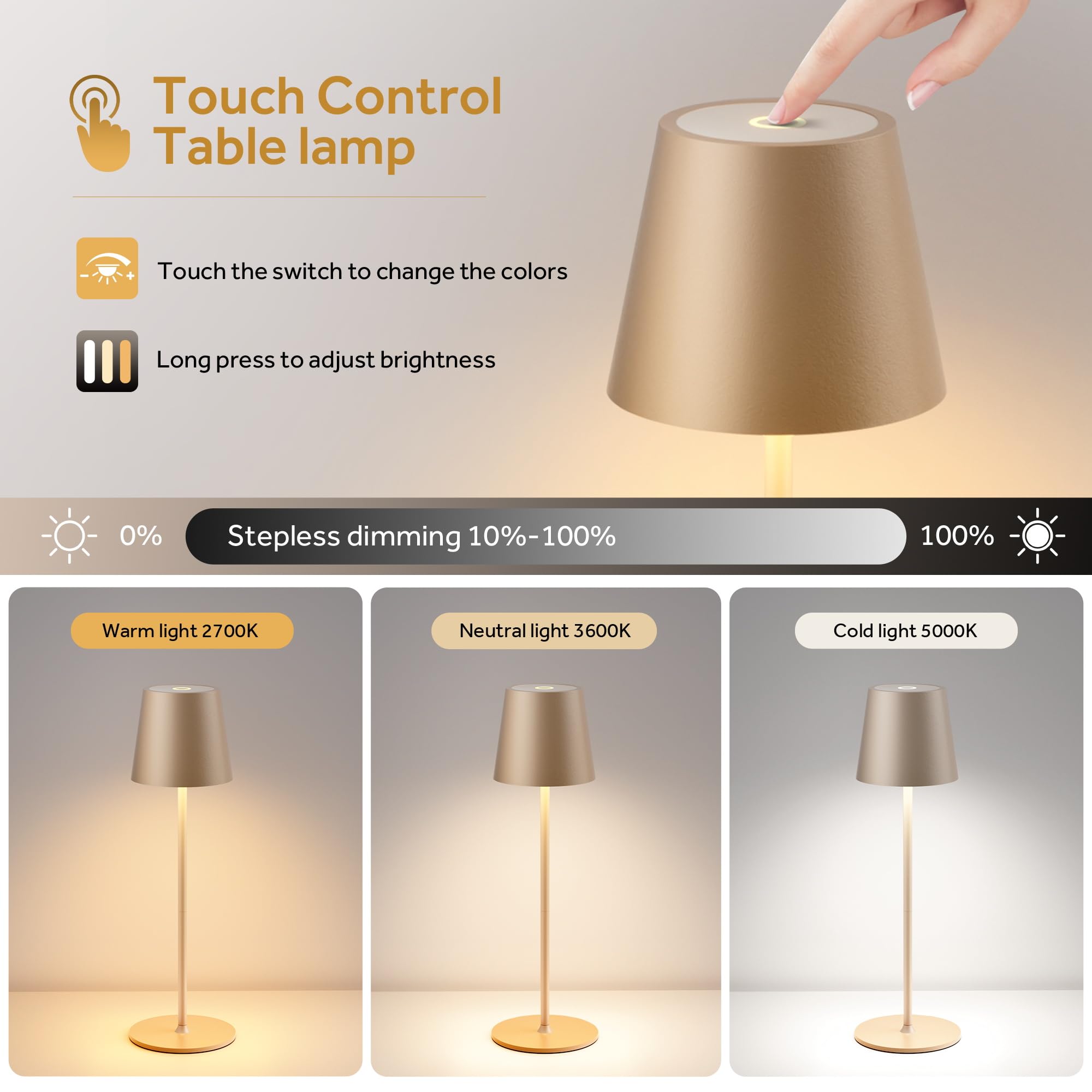 2 Stück Tischlamp Dimmbare Touch Kabellose,Led Tischlampe Akku Usb Aufladbar,Drei Farbtemperaturen Metall LED Wiederaufladbar Tischlampe für Outdoor und Indoor,IP54 Wasserdicht,5200mAh,Beige