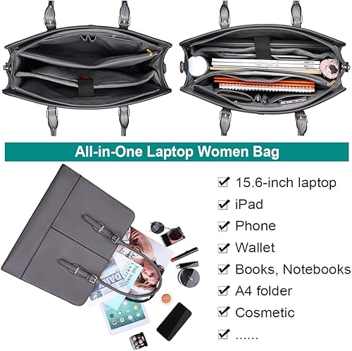 Miniatura 3 de Bolso de cuero para computador portátil de 15.6 pulgadas para mujer, bolso de hombro cruzado para computador y negocios, gran capacidad, gris