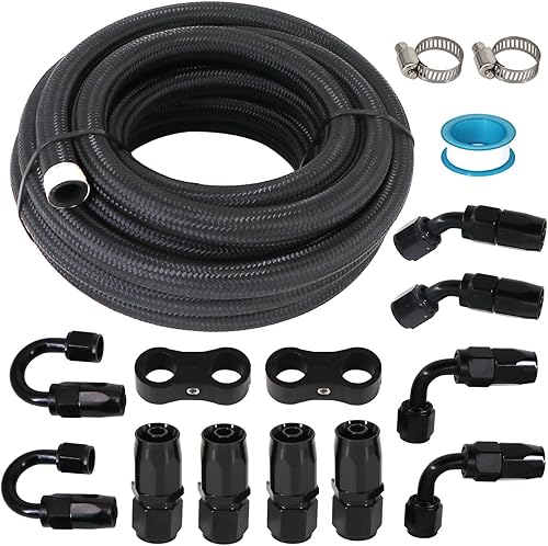 Tektall 10AN - Kit de montaje de manguera de línea de combustible de 20 pies, de nailon trenzado, línea de combustible de acero inoxidable + kit de