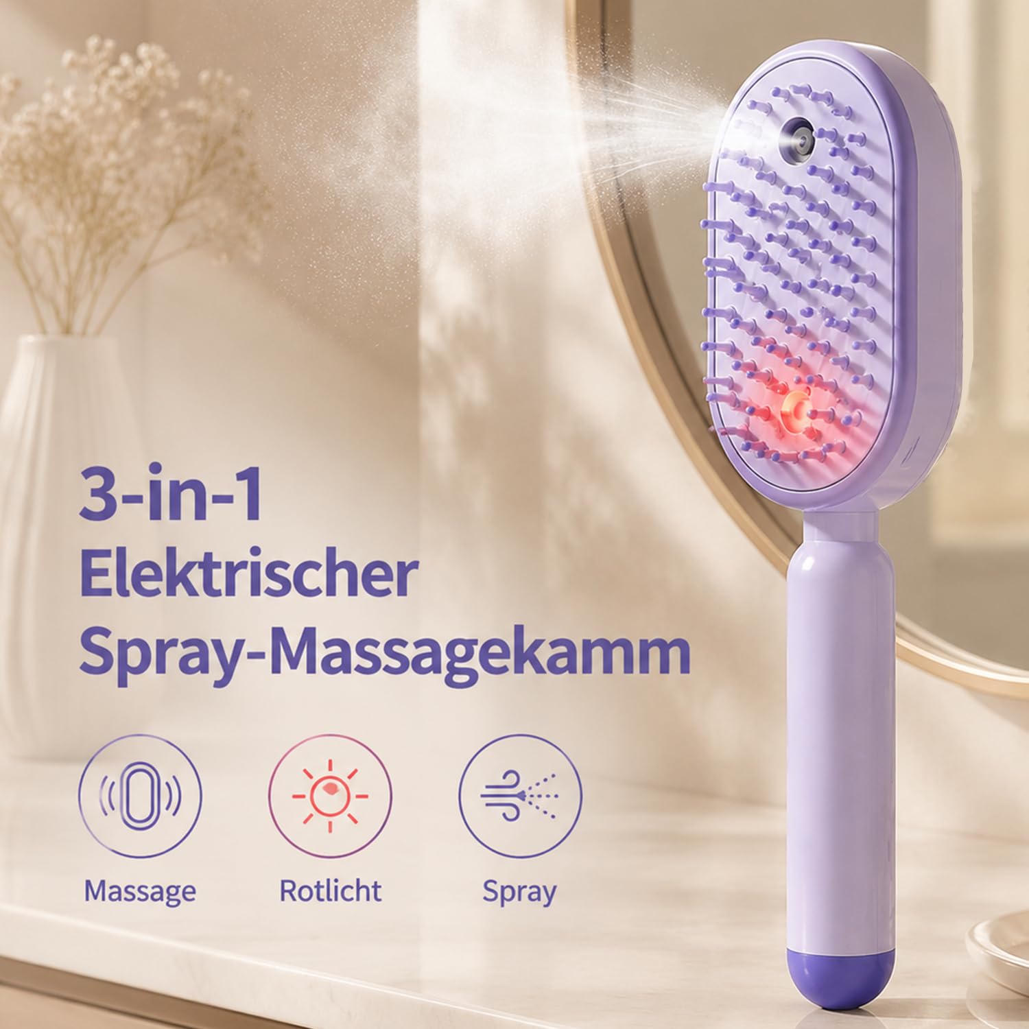 Wiederaufladbarer Elektrischer Sprüh-Luftkissen-Massagekamm, 3-in-1 Haarbürste mit Wassertank für ätherische Öle, Antistatische Haarbürste zum Entwirren & Glätten