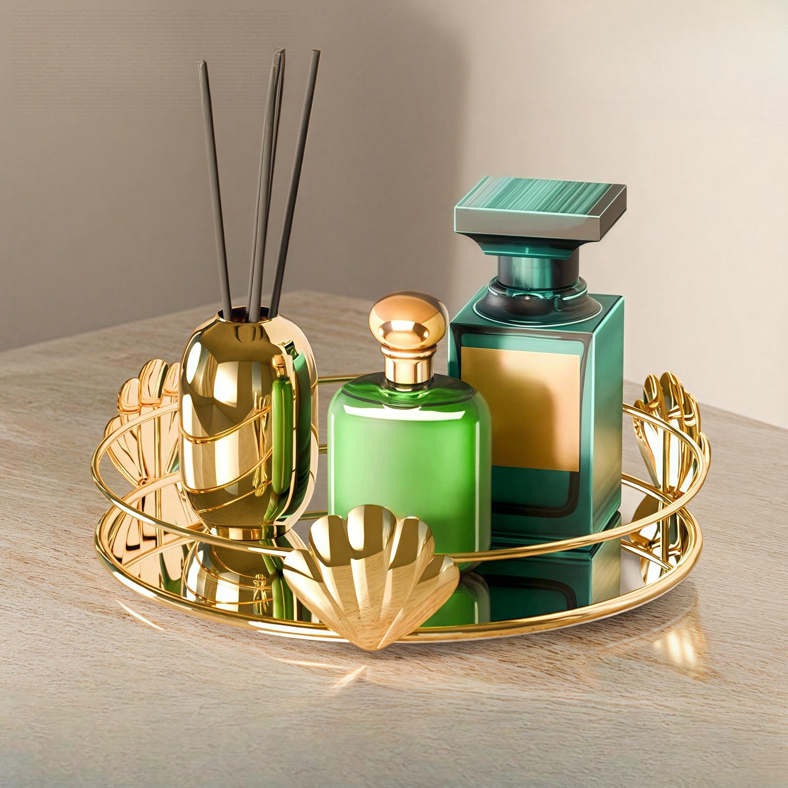 Vassoio Rotante per Profumi, Portaoggetti in Metallo Dorato, Decorativo per Cosmetici, Bagno in Vetro, Rotondo a Specchio