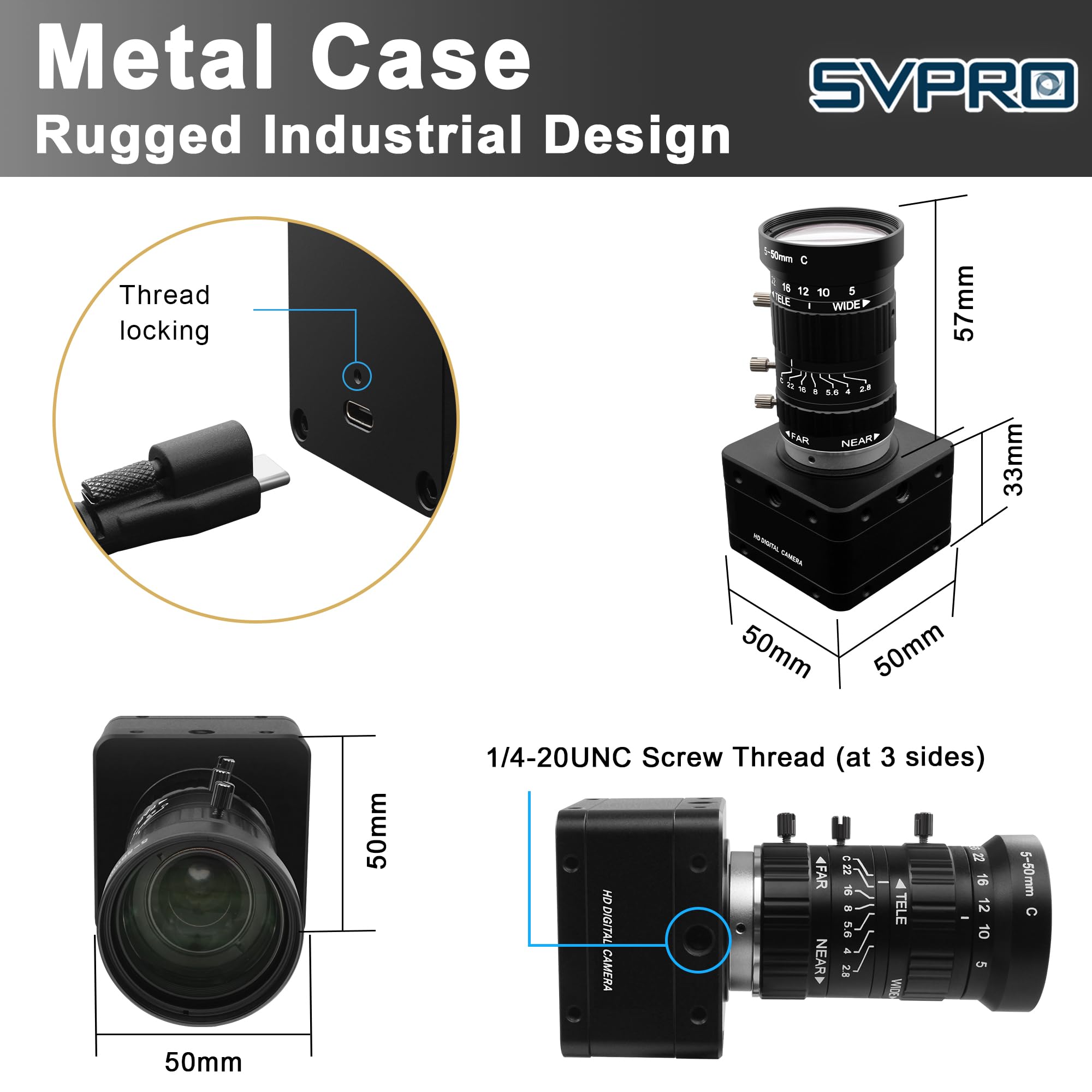 Svpro Fotocamera USB 3.0 da 20 MP, webcam ultra HD 5K con messa a fuoco manuale e obiettivo CS Mount da 5-50 mm, zoom ottico 10x, AR2020, fotocamera UVC ad alta risoluzione per computer e laptop