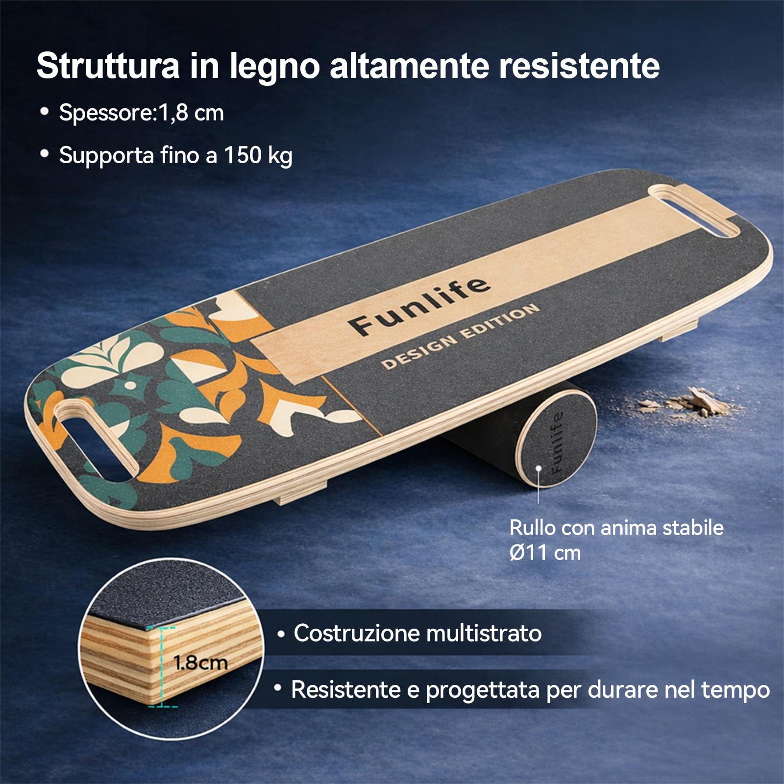 FunLife Balance Board con impugnatura MOVE e 3 fasce fitness – Set Move | Allenatore di equilibrio professionale per Core Training, fitness e stabilità, portata fino a 150 kg