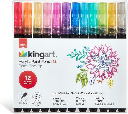 KINGART 453-12B PRO - Bolígrafos de pintura extrafina con purpurina, 12 unidades, punta de 0.028 in, 12 colores de pintura acrílica, marcadores de