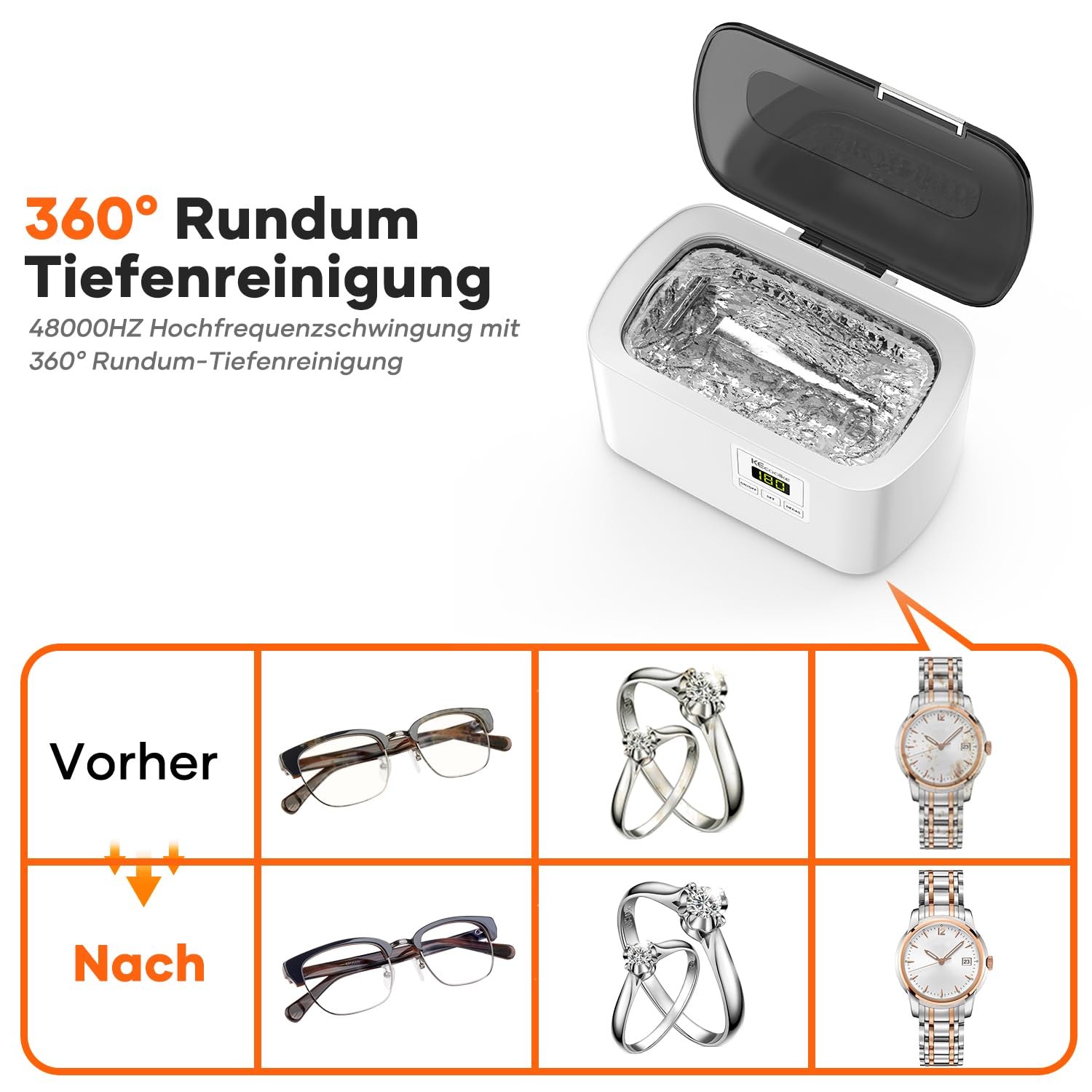Ultraschallreinigungsgerät Ultraschallreiniger KECOOLKE 600mL brille | Ultraschallgerät Ultrasonic Cleaner mit digitalem Timer für Brillen, Ringe, Münzen, Fingerringe, Geld，zahnprothesen